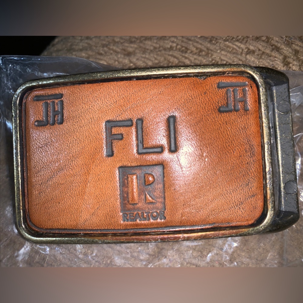 FLI JH Realtors Leather‎ & Brass Mens Belt Buckle